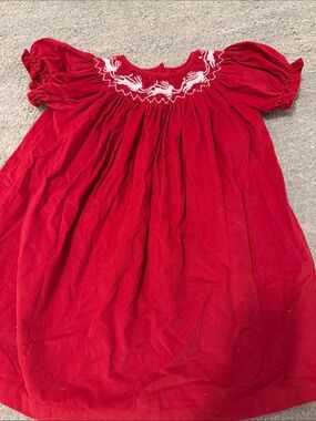 bella bliss Red Smocked Corduroy Christmas Dress with White Reindeer Embroidery
